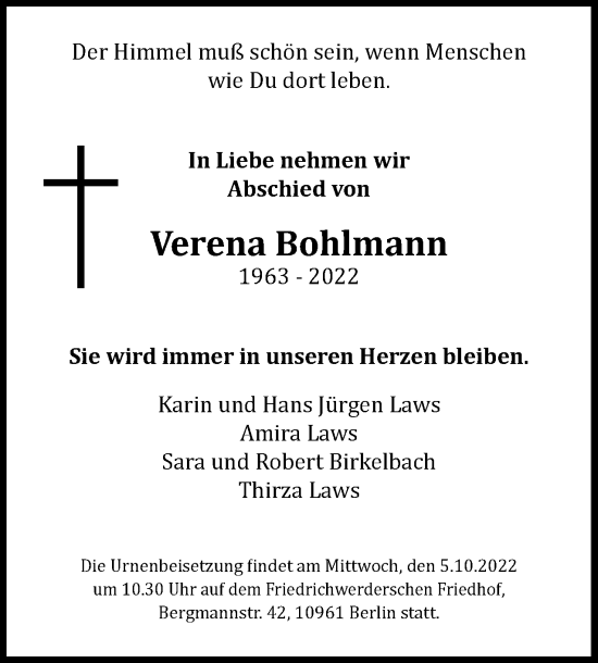 Traueranzeige von Verena Bohlmann von Berliner Woche / Spandauer Volksblatt