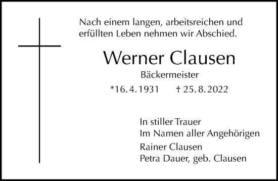 Traueranzeige von Werner Clausen von Berliner Morgenpost