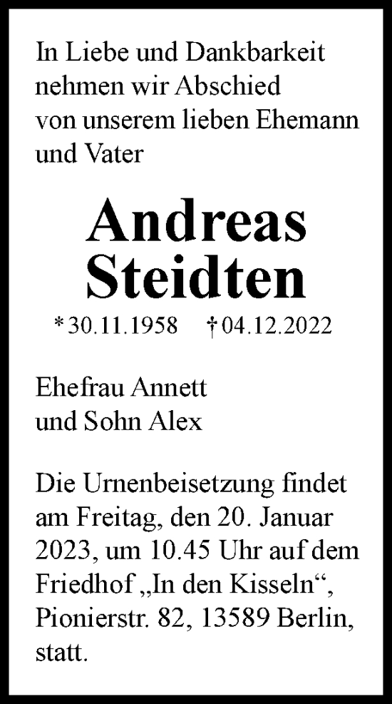 Traueranzeige von Andreas Steidten von Berliner Woche / Spandauer Volksblatt