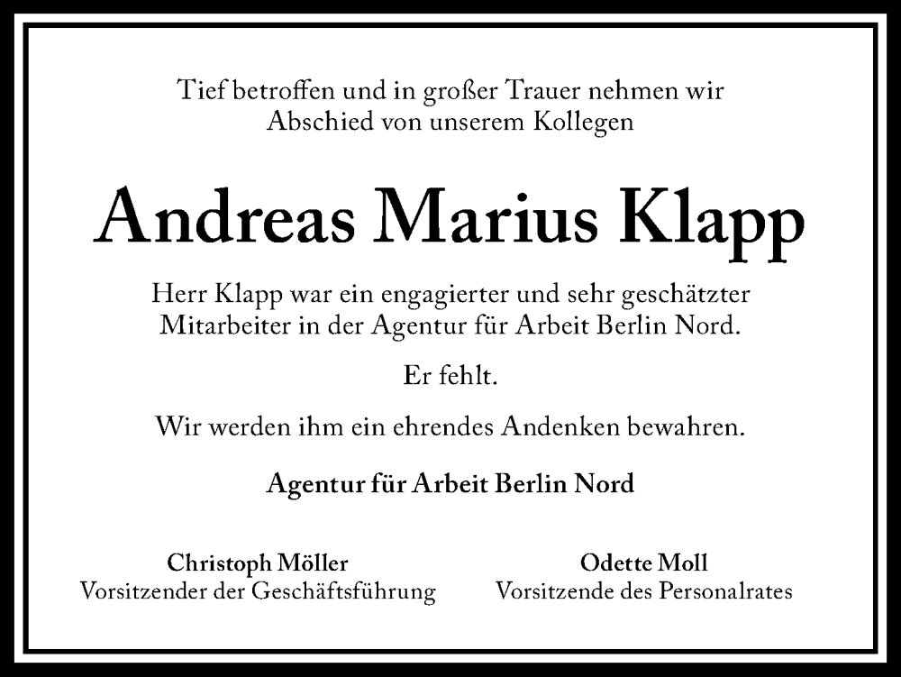  Traueranzeige für Andreas Marius Klapp vom 27.01.2023 aus Berliner Morgenpost