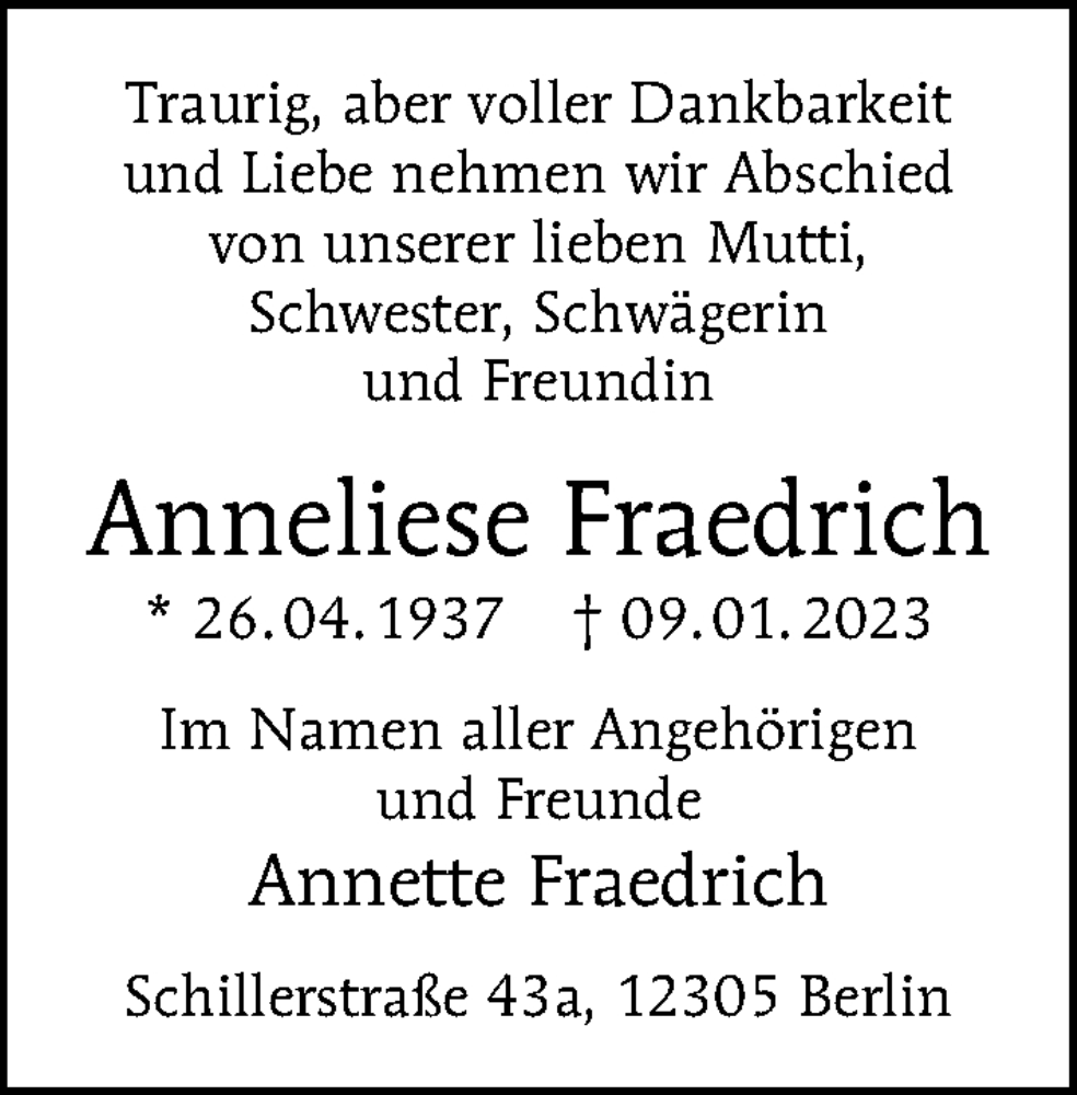  Traueranzeige für Anneliese Fraedrich vom 22.01.2023 aus Berliner Morgenpost