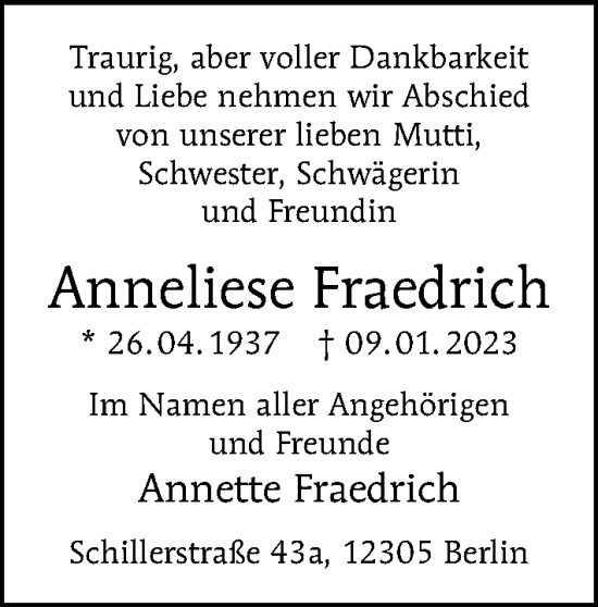 Traueranzeige von Anneliese Fraedrich von Berliner Morgenpost