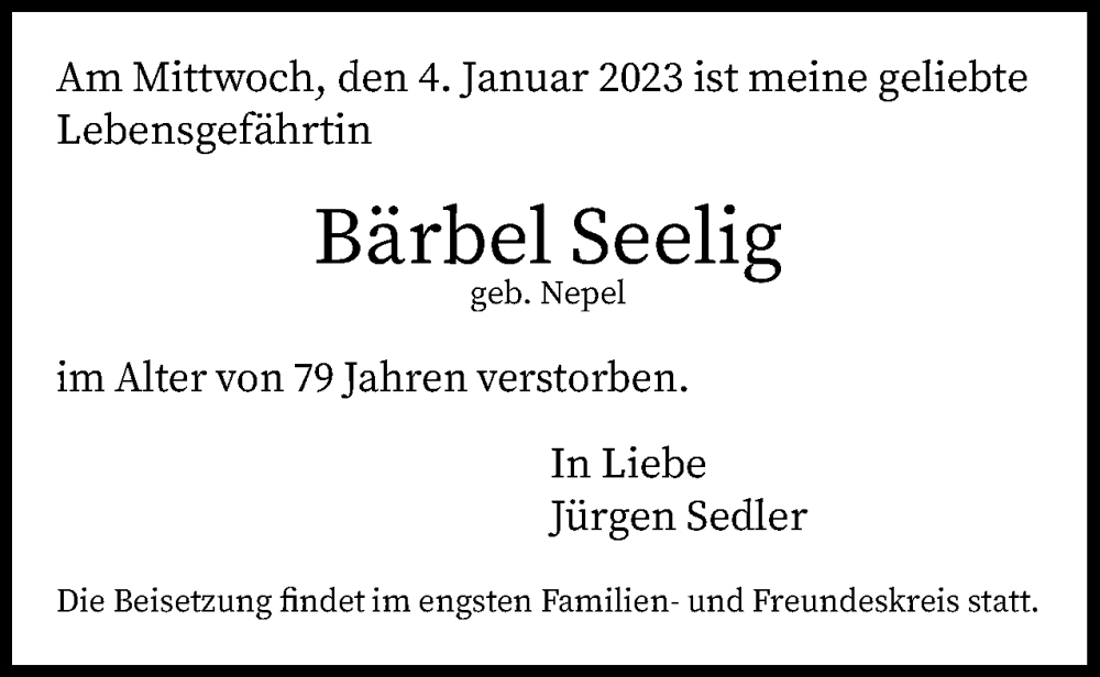  Traueranzeige für Bärbel Seelig vom 21.01.2023 aus Berliner Woche / Spandauer Volksblatt