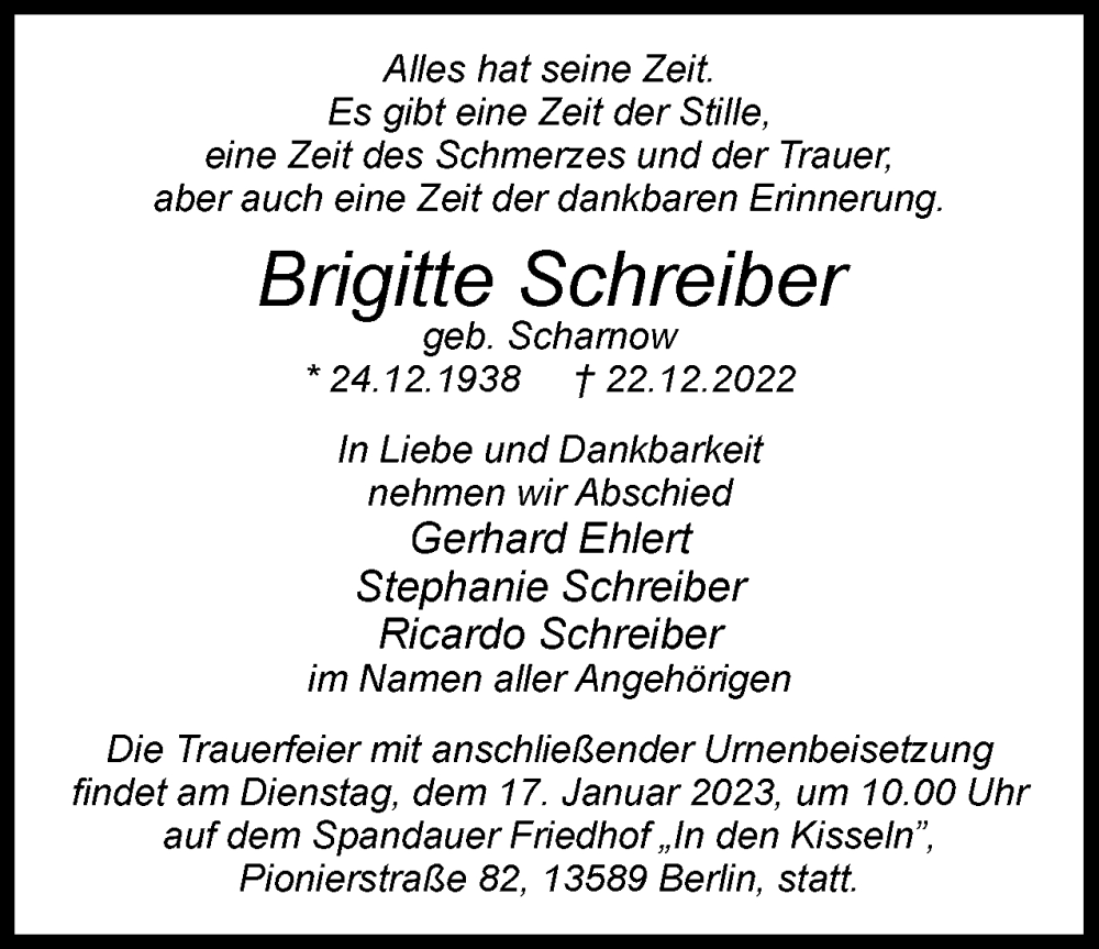  Traueranzeige für Brigitte Schreiber vom 07.01.2023 aus Berliner Woche / Spandauer Volksblatt