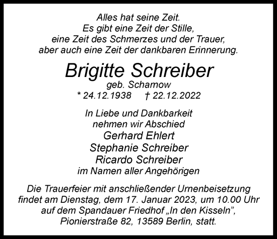 Traueranzeige von Brigitte Schreiber von Berliner Woche / Spandauer Volksblatt