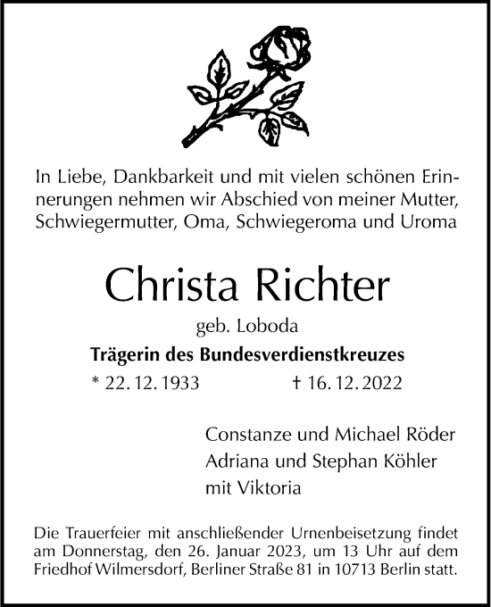 Traueranzeige von Christa Richter von Berliner Morgenpost