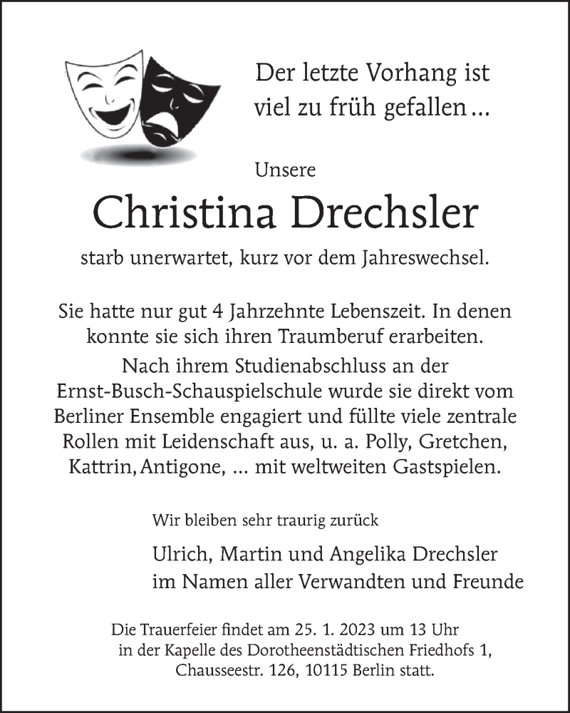  Traueranzeige für Christina Drechsler vom 15.01.2023 aus Berliner Morgenpost