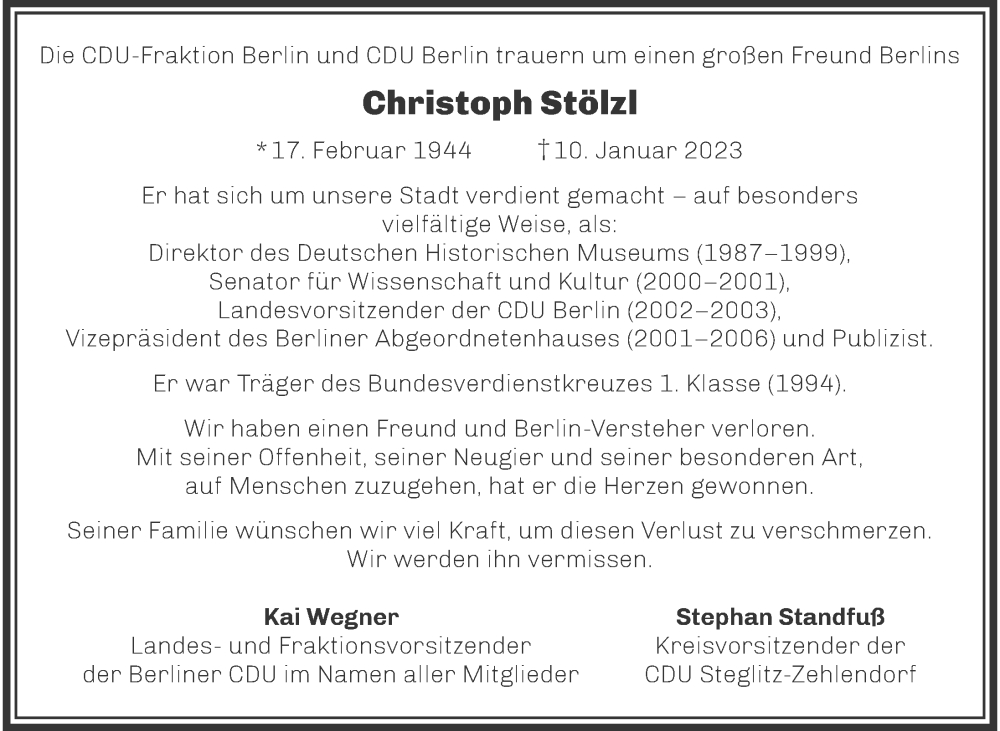  Traueranzeige für Christoph Stölzl vom 22.01.2023 aus Berliner Morgenpost