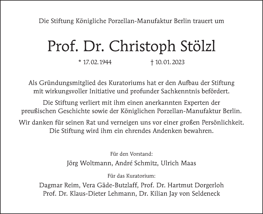 Traueranzeige für Christoph Stölzl vom 15.01.2023 aus Berliner Morgenpost