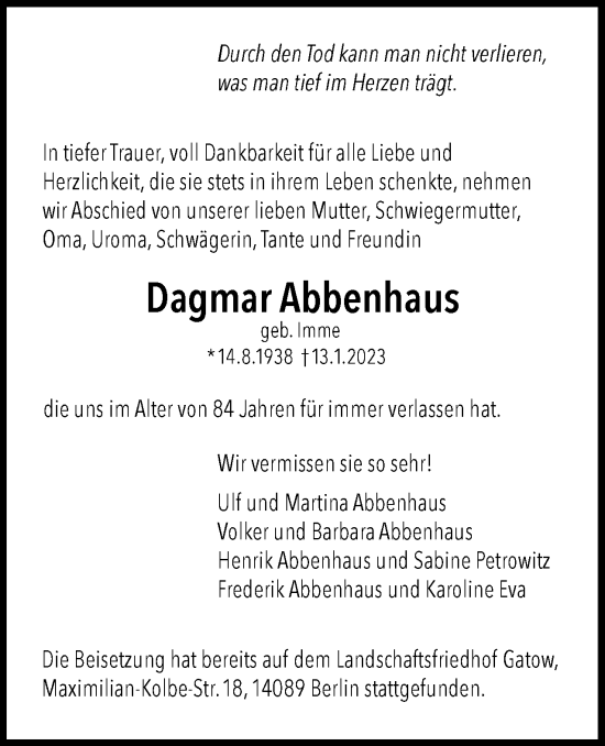 Traueranzeige von Dagmar Abbenhaus von Berliner Woche / Spandauer Volksblatt
