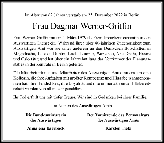 Traueranzeige von Dagmar Werner-Griffin von Berliner Morgenpost