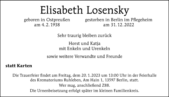 Traueranzeige von Elisabeth Losensky von Berliner Morgenpost