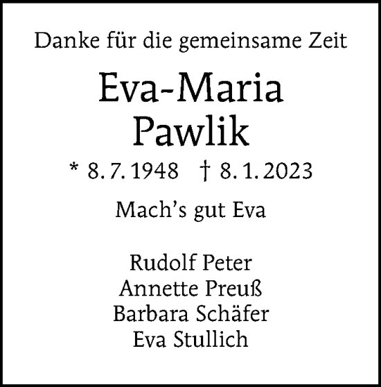 Traueranzeige von Eva-Maria Pawlik von Berliner Morgenpost