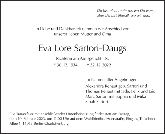 Traueranzeige von Eva Lore Sartori-Daugs von Berliner Morgenpost