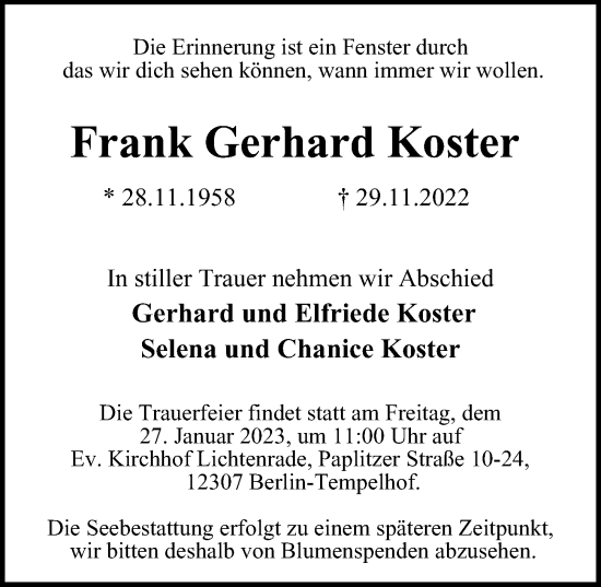 Traueranzeige von Frank Gerhard Koster von Berliner Morgenpost