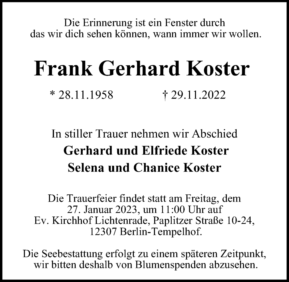 Traueranzeige für Frank Gerhard Koster vom 22.01.2023 aus Berliner Morgenpost