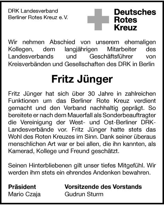 Traueranzeige von Fritz Jünger von Berliner Morgenpost