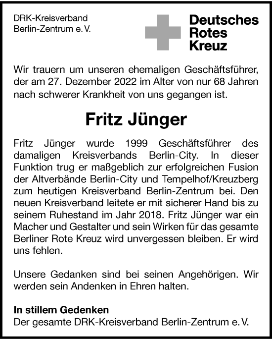 Traueranzeige von Fritz Jünger von Berliner Morgenpost