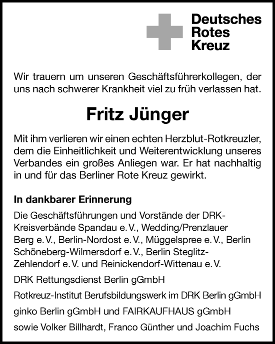 Traueranzeige von Fritz Jünger von Berliner Morgenpost