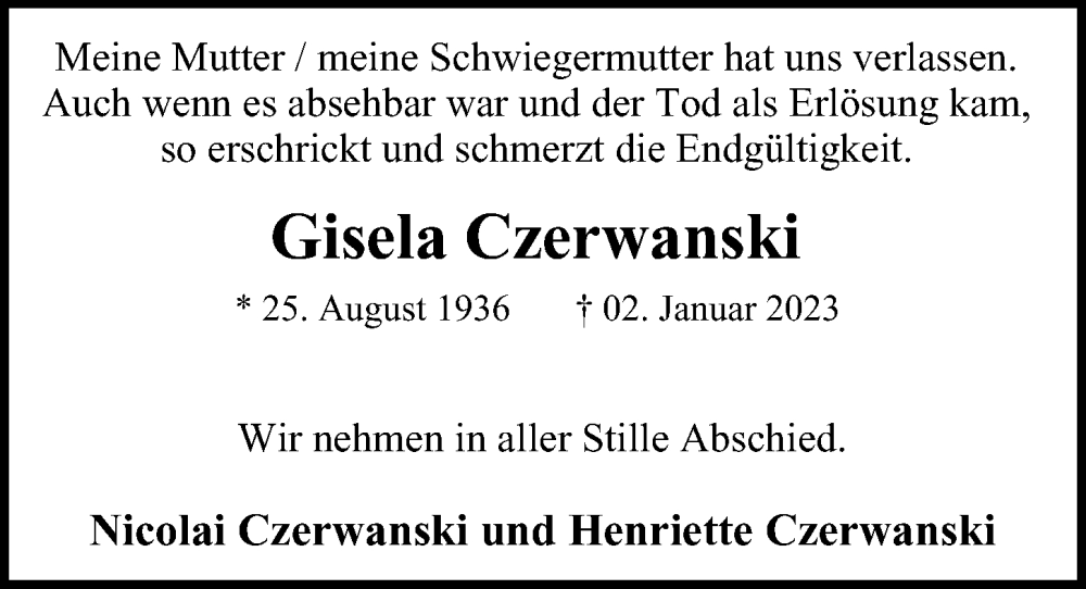  Traueranzeige für Gisela Czerwanski vom 15.01.2023 aus Berliner Morgenpost