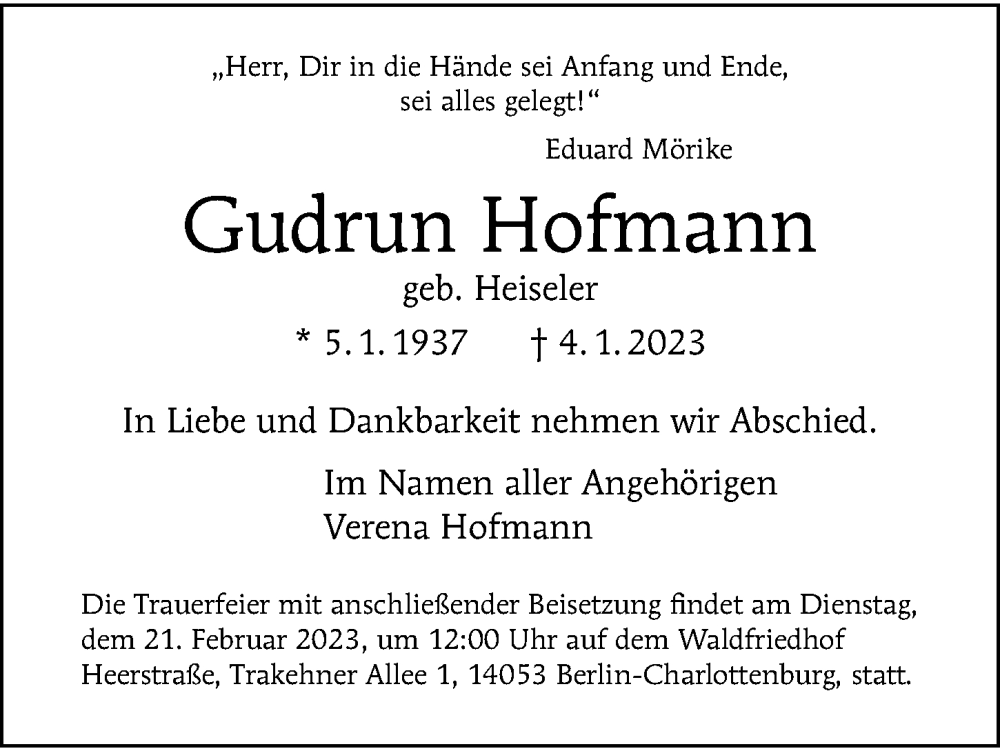  Traueranzeige für Gudrun Hofmann vom 29.01.2023 aus Berliner Morgenpost