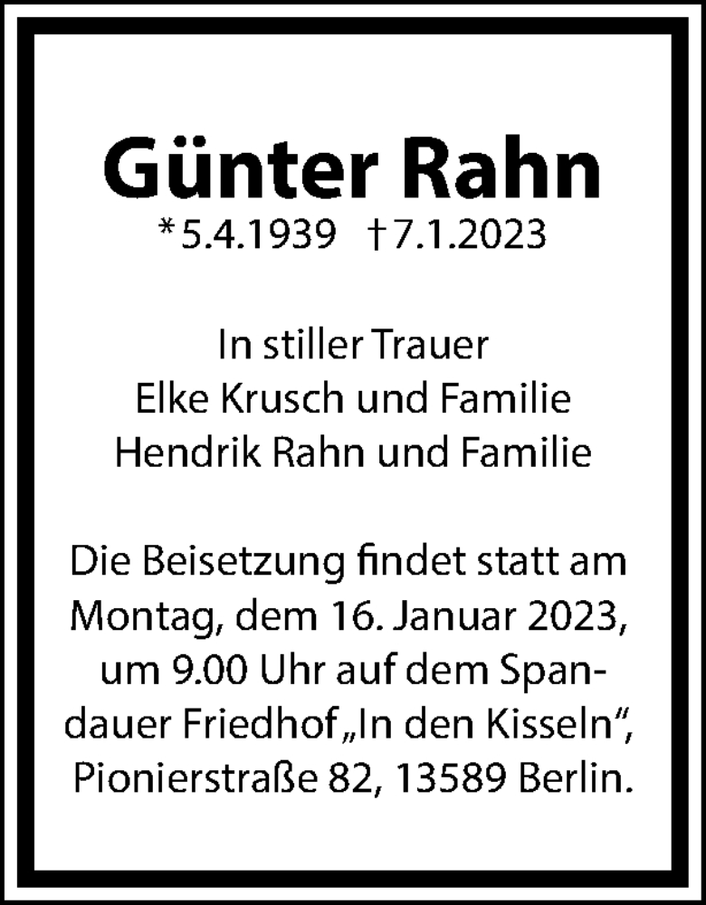  Traueranzeige für Günter Rahn vom 14.01.2023 aus Berliner Woche / Spandauer Volksblatt