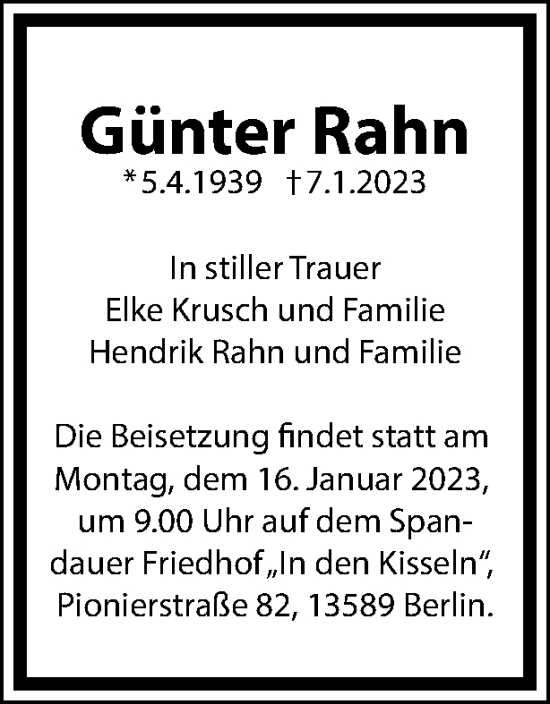 Traueranzeige von Günter Rahn von Berliner Woche / Spandauer Volksblatt
