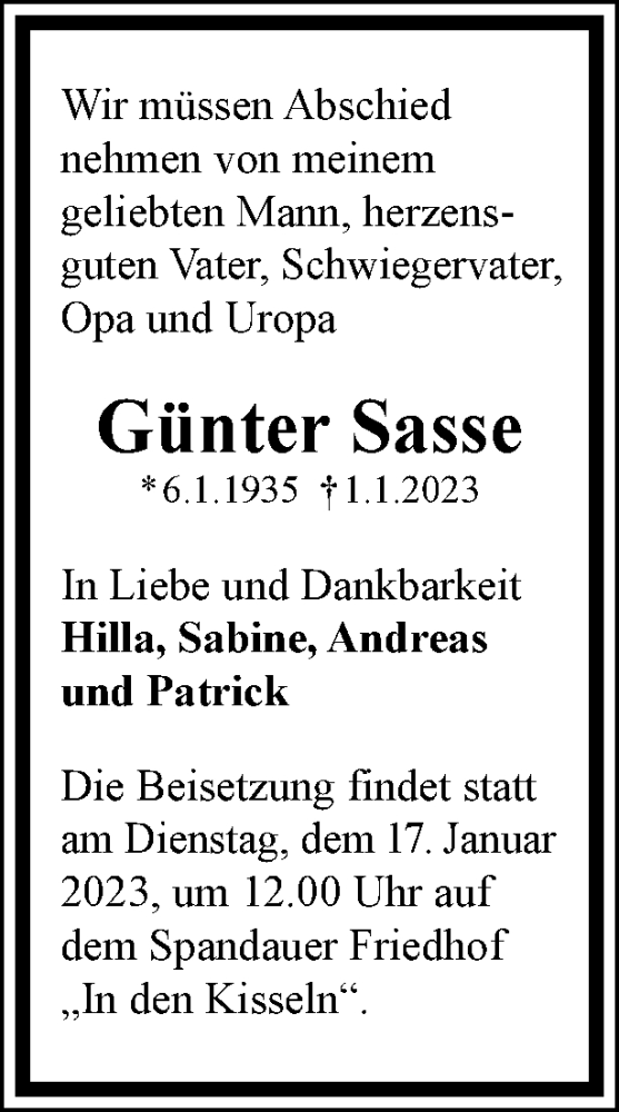  Traueranzeige für Günter Sasse vom 07.01.2023 aus Berliner Woche / Spandauer Volksblatt