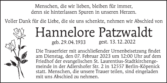 Traueranzeige von Hannelore Patzwaldt von Berliner Morgenpost