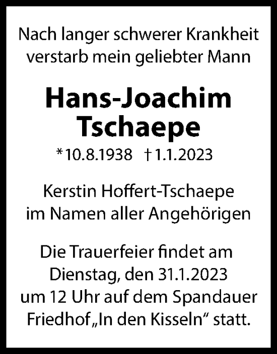 Traueranzeige von Hans-Joachim Tschaepe von Berliner Woche / Spandauer Volksblatt