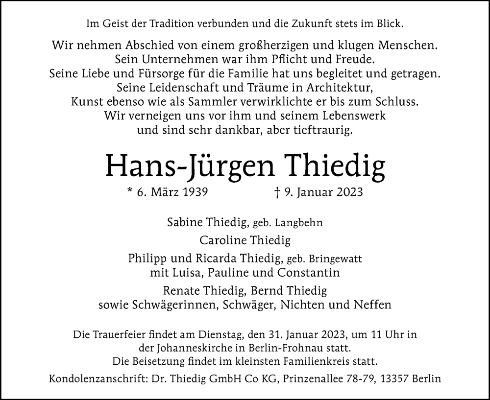  Traueranzeige für Hans-Jürgen Thiedig vom 22.01.2023 aus Berliner Morgenpost