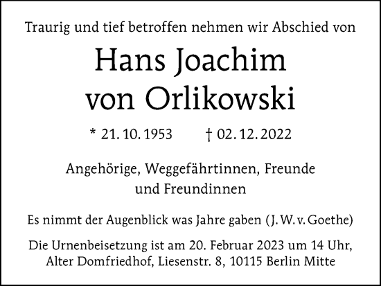 Traueranzeige von Hans Joachim von Orlikowski von Berliner Morgenpost