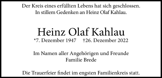 Traueranzeige von Heinz Olaf Kahlau von Berliner Morgenpost