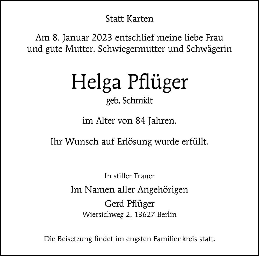  Traueranzeige für Helga Pflüger vom 15.01.2023 aus Berliner Morgenpost