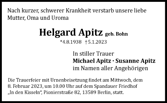 Traueranzeige von Helgard Apitz von Berliner Woche / Spandauer Volksblatt