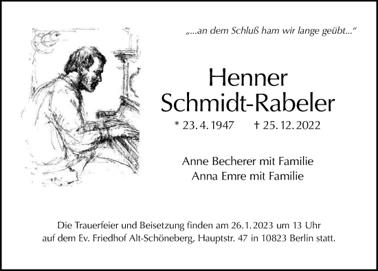 Traueranzeige von Henner Schmidt-Rabeler von Berliner Morgenpost