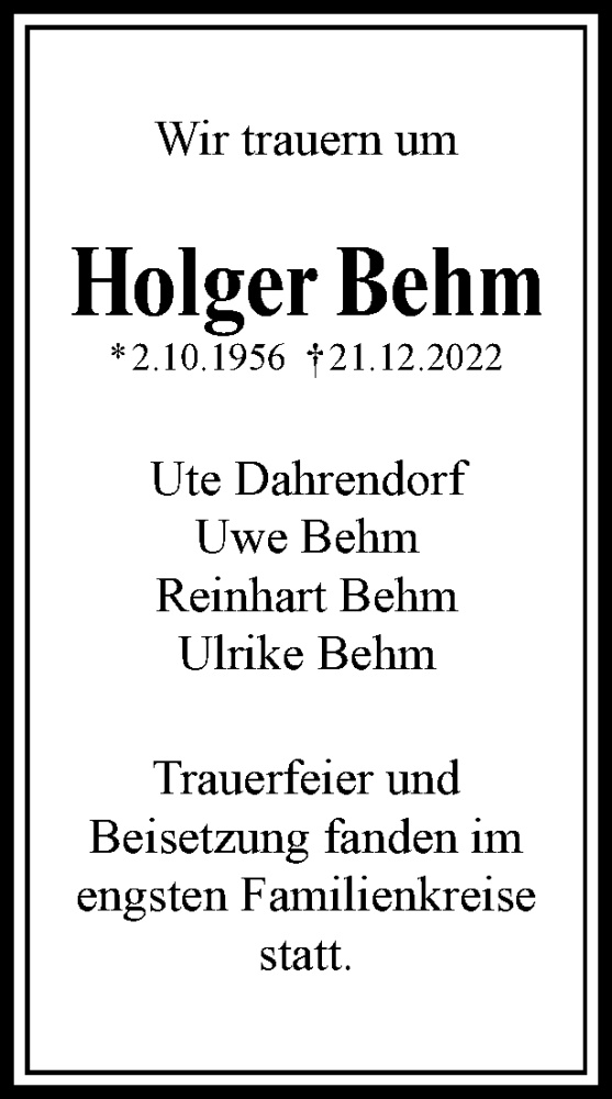  Traueranzeige für Holger Behm vom 21.01.2023 aus Berliner Woche / Spandauer Volksblatt