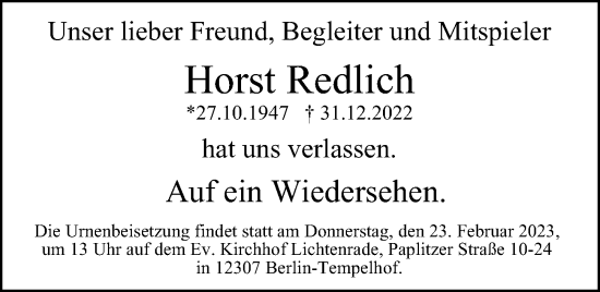 Traueranzeige von Horst Redlich von Berliner Morgenpost