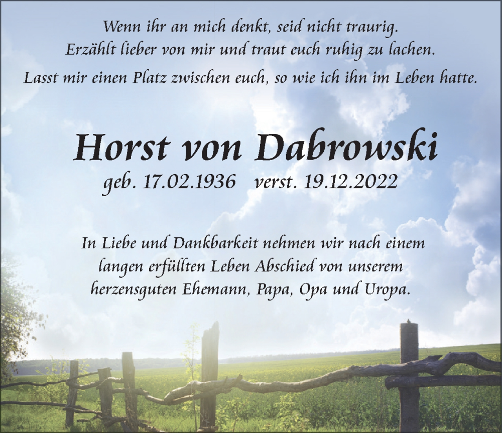  Traueranzeige für Horst von Dabrowski vom 21.01.2023 aus Berliner Woche / Spandauer Volksblatt