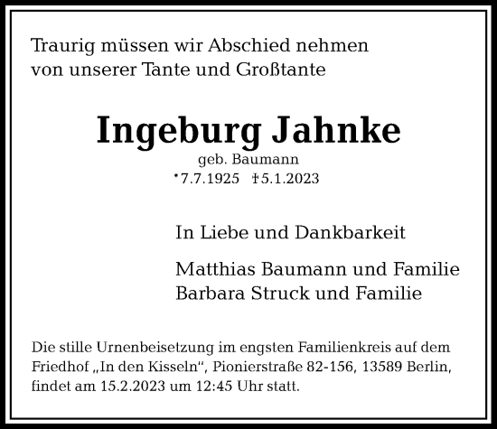 Traueranzeige von Ingeburg Jahnke von Berliner Woche / Spandauer Volksblatt