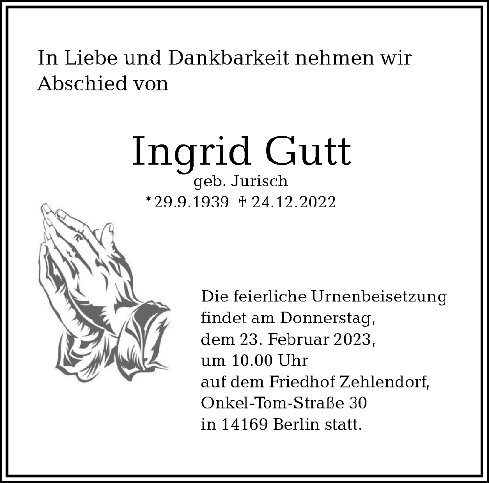  Traueranzeige für Ingrid Gutt vom 14.01.2023 aus Berliner Woche / Spandauer Volksblatt