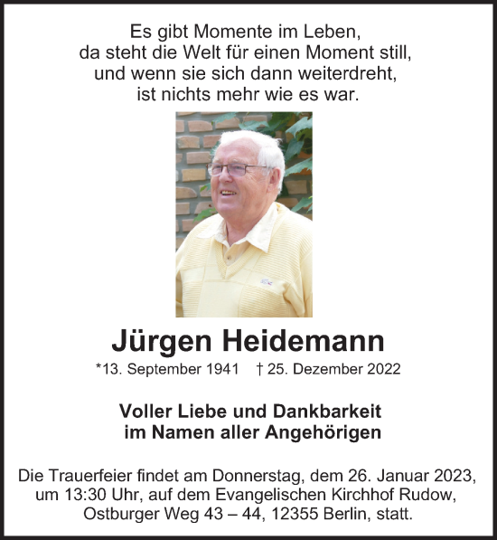 Traueranzeige von Jürgen Heidemann von Berliner Morgenpost