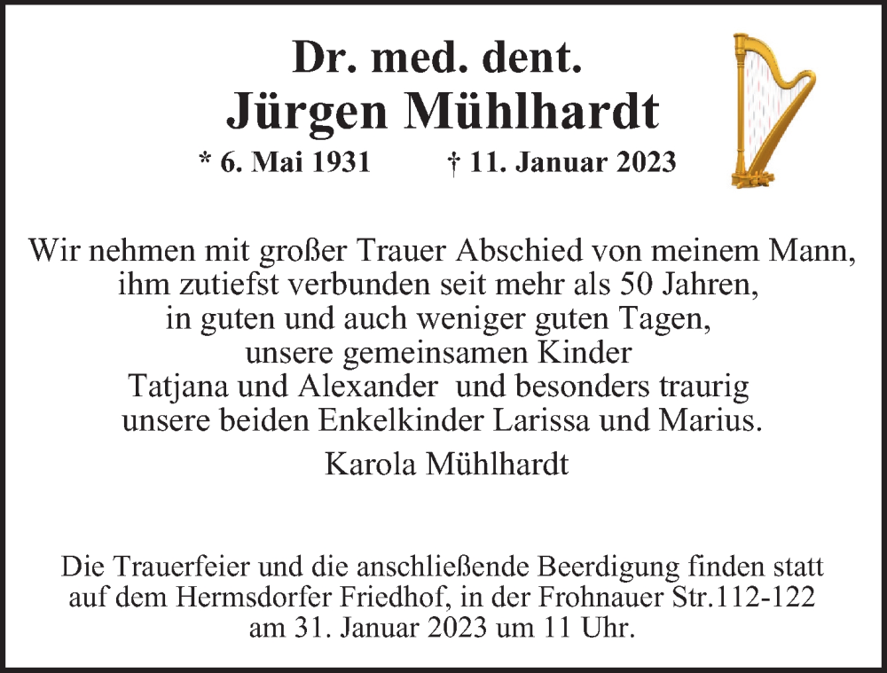  Traueranzeige für Jürgen Mühlhardt vom 29.01.2023 aus Berliner Morgenpost