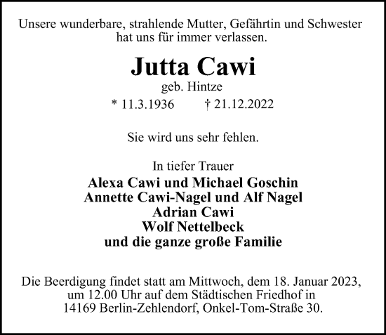 Traueranzeige von Jutta Cawi von Berliner Morgenpost