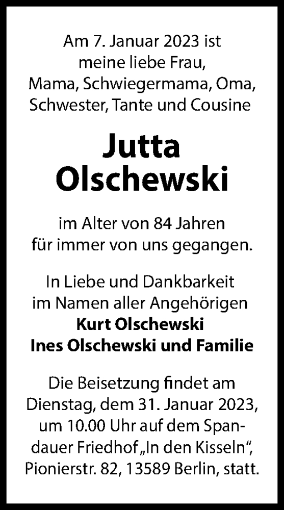  Traueranzeige für Jutta Olschewski vom 21.01.2023 aus Berliner Woche / Spandauer Volksblatt