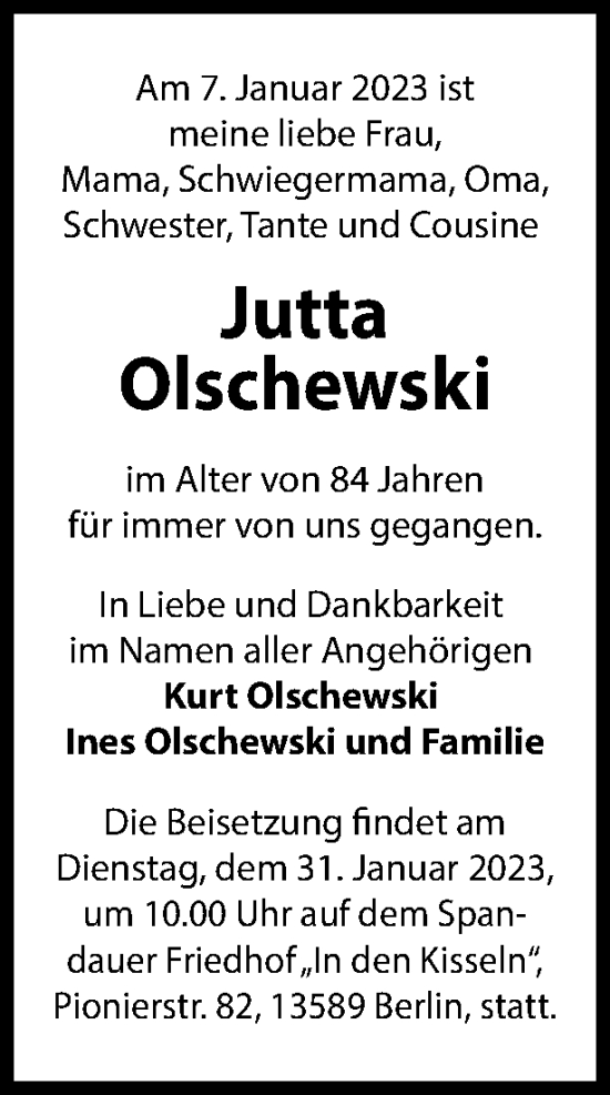 Traueranzeige von Jutta Olschewski von Berliner Woche / Spandauer Volksblatt
