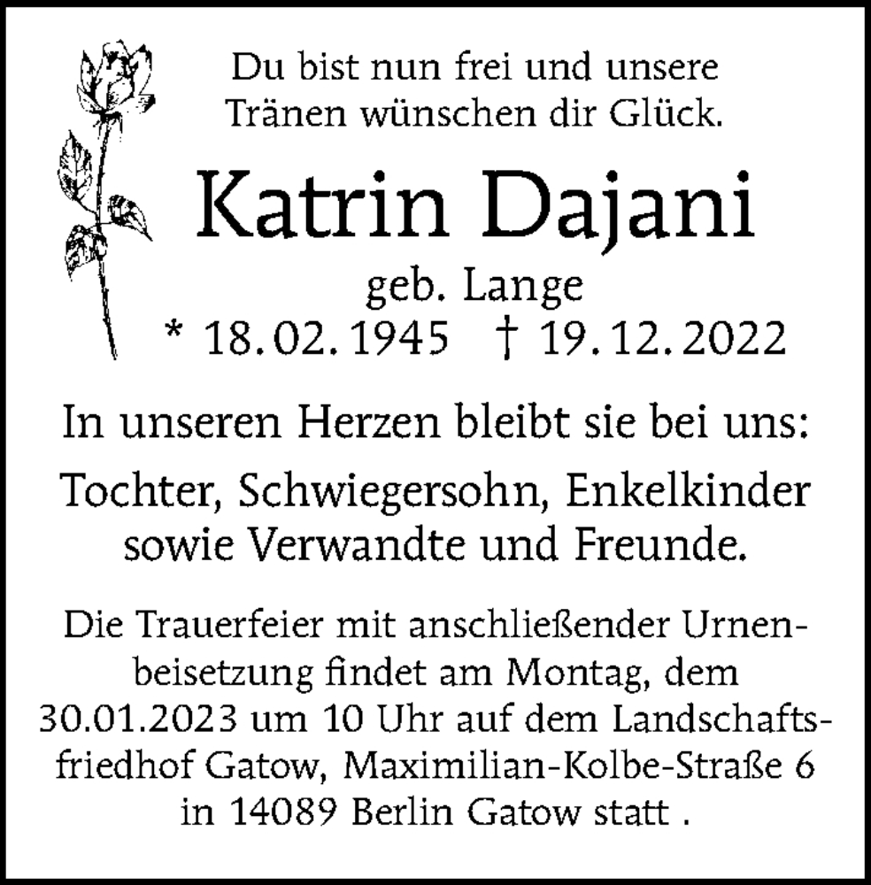  Traueranzeige für Katrin Dajani vom 22.01.2023 aus Berliner Morgenpost