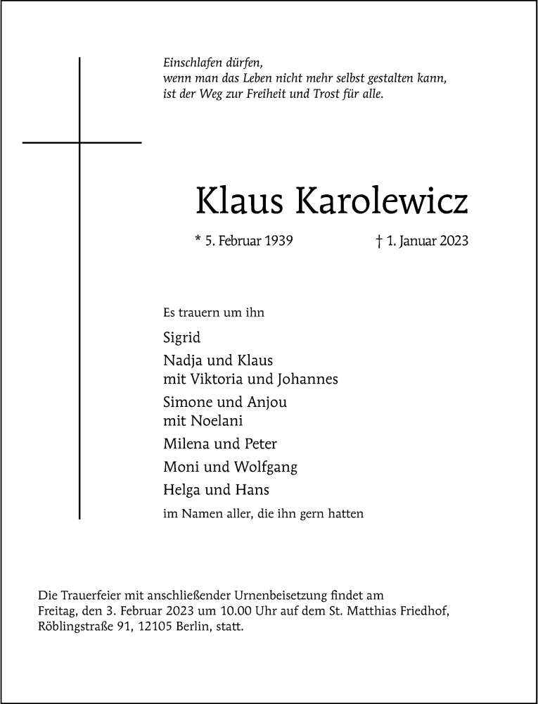  Traueranzeige für Klaus Karolewicz vom 22.01.2023 aus Berliner Morgenpost