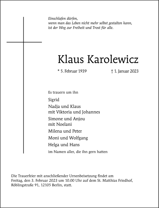 Traueranzeige von Klaus Karolewicz von Berliner Morgenpost