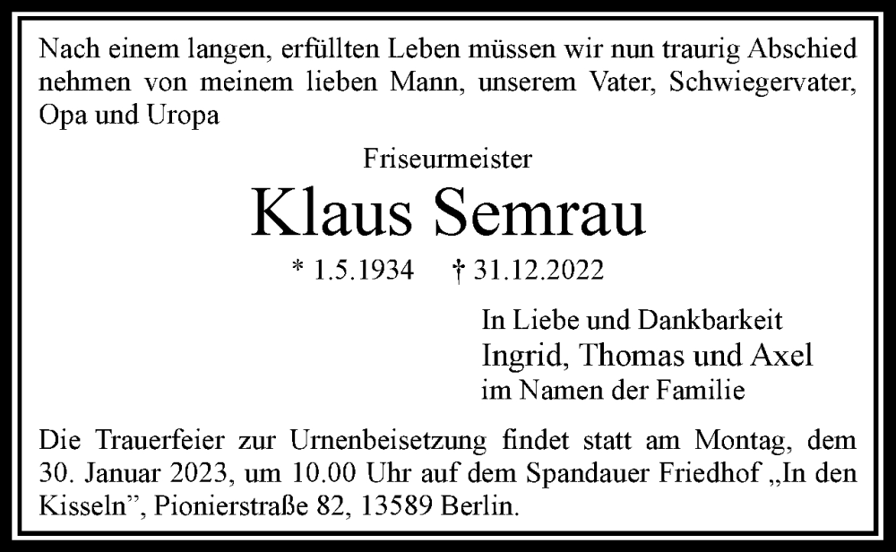  Traueranzeige für Klaus Semrau vom 07.01.2023 aus Berliner Woche / Spandauer Volksblatt